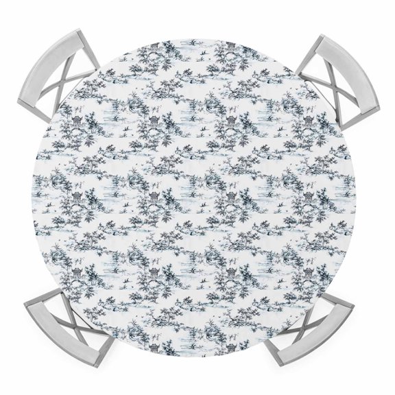 Chinese Ink Art Elastic Fitted Round Table Cover Waterfall Under Bridge Waterproof Outdoor Tablecloth for Holiday Party, Picnic, Patio & Dining Fits Tables Up to 36"-44"