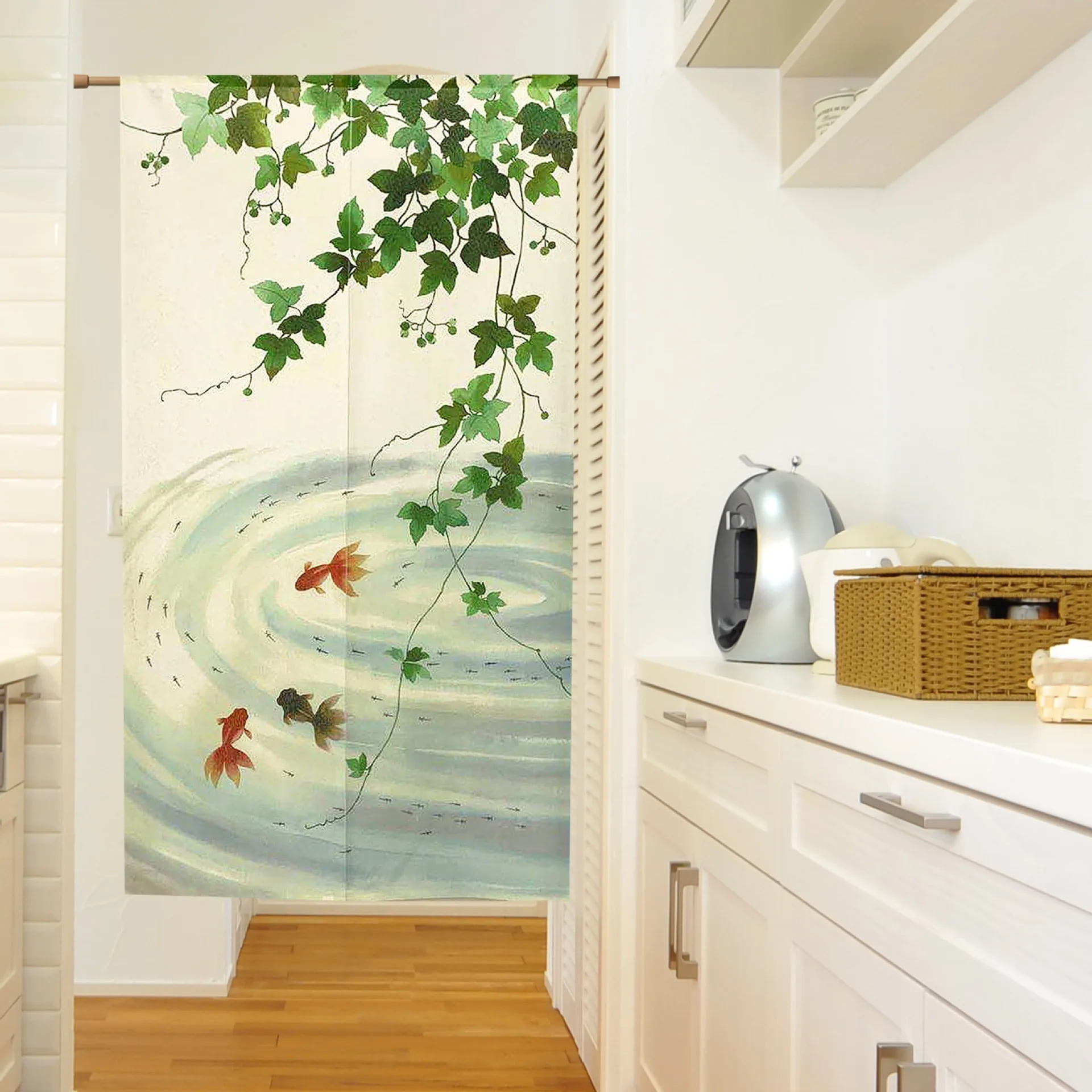 Chinese Ink Koi Fish Print Japanese Noren Doorway Split Curtains Living