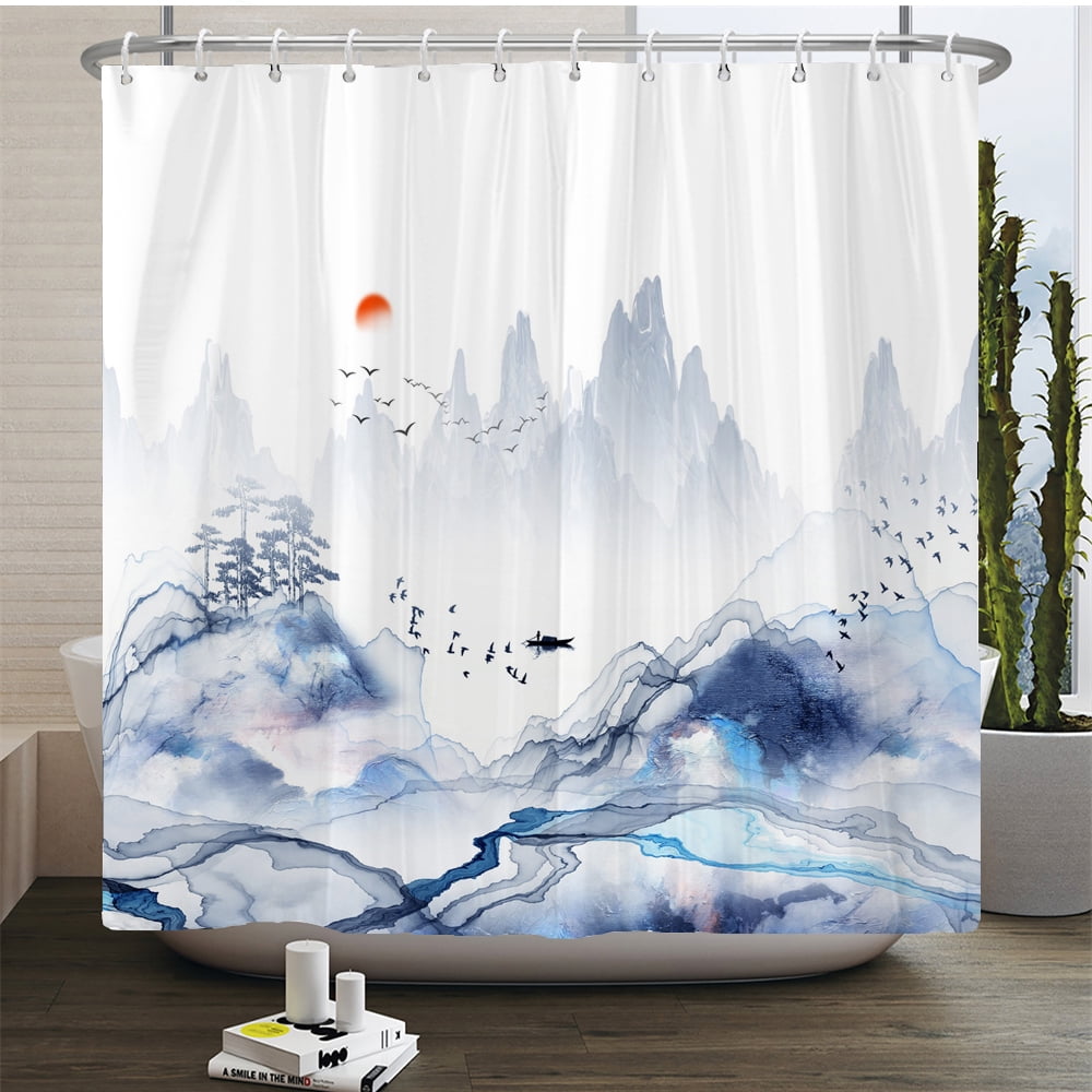 Chinese Ink Landscape Painting Shower Curtain Art Print Polyester