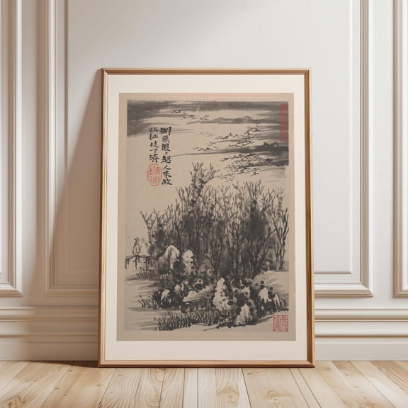 Chinese Ink Landscape Vintage Monochrome Riverside Scene Birds Wall Decor Unframed Paper Print