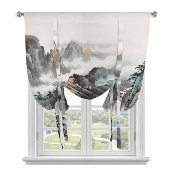 Chinese Ink Painting Balloon Curtains for Windows, Bedroom Curtains 54 Inch Length, Mountain Cloud Modern Art Tie Up Curtains Panels Thermal Insulated Bathroom Curtains Window 42"x54"
