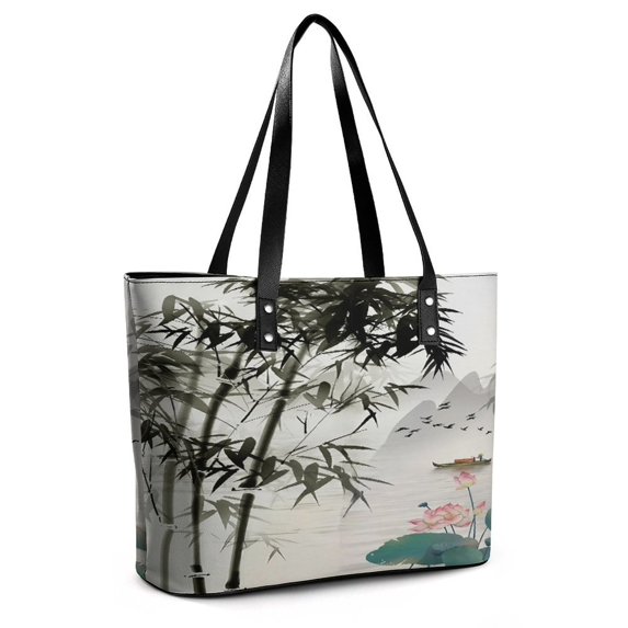 Chinese Ink Painting Bamboo Woman Leather Handbags Large Tote Bag Fashion Portable Handbags With Zipper