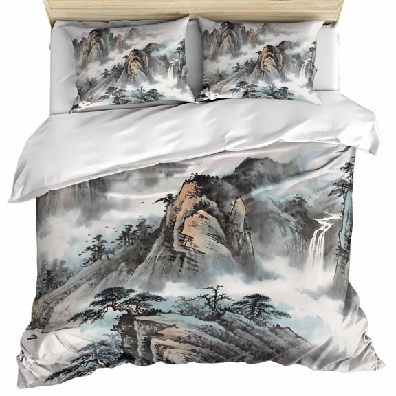 Chinese Ink Painting Bedding 3 Piece Duvet Cover Set Queen Size, Mountain Cloud Modern Art Soft Microfiber Comforter Cover with Zipper Closure & Pillowcases, Wrinkle & FadeResistant Quilt Cover