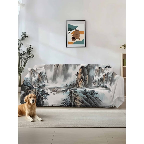 Chinese Ink Painting Couch Cover, Mountain Cloud Modern Art Sofa Cover Blanket for 1 Seat Cushion, Sectional Sofa Slipcover Furniture Protector for Living Room Bedroom 71''x91''