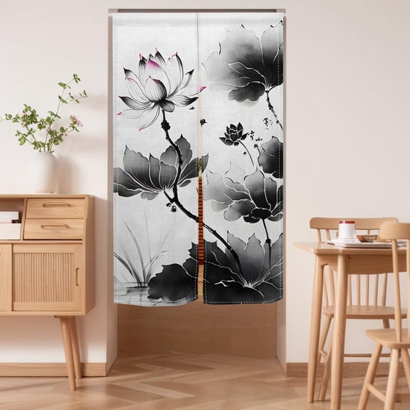 Chinese Ink Painting Doorway Curtain,Black and White Lotus Flower Japanese Curtain Bedroom Partition Kitchen Divider Bathroom Door Decor,33.5"x59"