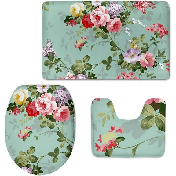 Chinese Ink Painting Flowers Pattern Decorative 3 Piece Soft Bathroom Rug Set Contour Bath Rug Toilet Lid Cover