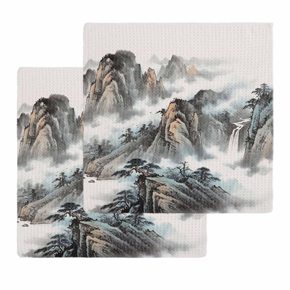 Chinese Ink Painting Kitchen Dish Towels for Drying Dishes Set of 2, Mountain Cloud Modern Art Waffle Weave Microfiber Hand Tea Bathroom Towels Quick Dry & Absorbent Towel 12x12