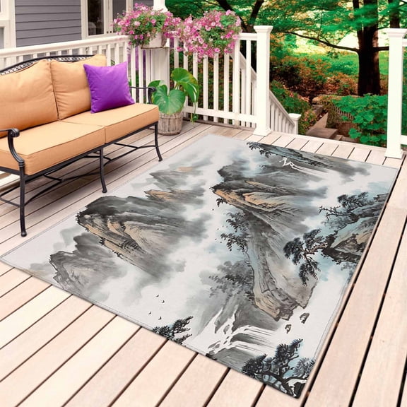 Chinese Ink Painting Outdoor Rug 4x6 Ft, Non Slip Washable Area Rug, Mountain Cloud Modern Art Patio Rugs Carpet Runner, Large Floor Mat for Indoor/Outdoor Deck Porch Camping