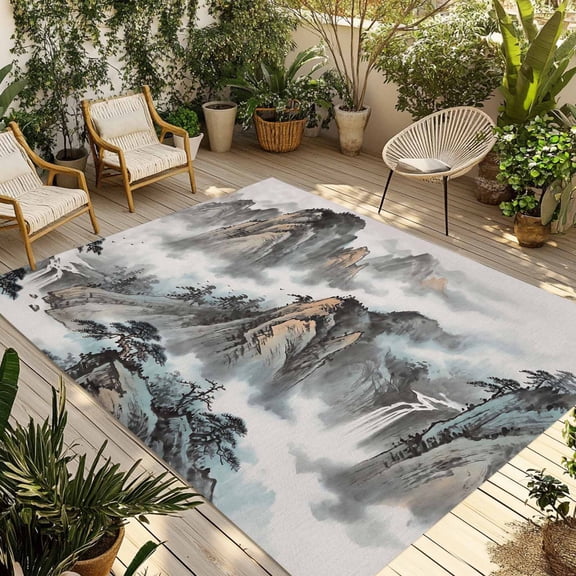 Chinese Ink Painting Outdoor Rug for Patio/Deck/Porch, Non-Slip Large Area Rug 5 x 8 Ft, Mountain Cloud Modern Art Indoor Outdoor Rugs Washable Area Rugs, Reversible Camping Rug Carpet Runner