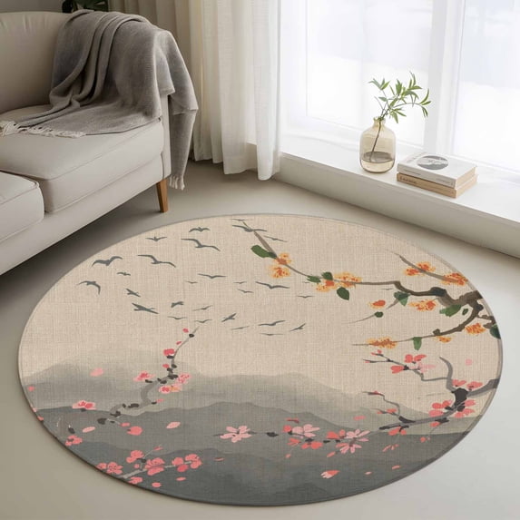 Chinese Ink Painting Round Area Rug 3.3Ft Washable Circle Rugs for Dining Room Table, Pink Peach Blossom Branches Non-Slip Carpet Floor Mats Indoor Outdoor Carpet Runner Aesthetic Home Decor