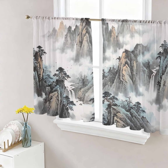 Chinese Ink Painting Sheer Curtains 45 Inch Length 2 Panels Set Window Treatments, Mountain Cloud Modern Art Rod Pocket Semi Curtains for Living Room/Bedroom/Kitchen Décor, 104"W x 45"L
