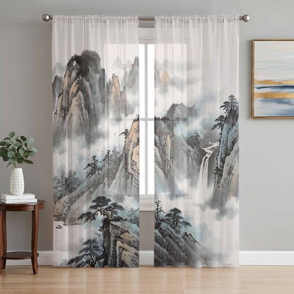 Chinese Ink Painting Sheer Curtains 84 Inches Long 2 Panels Set, Window Sheer Curtains for Living Room/Bedroom, Mountain Cloud Modern Art Light Filtering Rod Pocket Curtain 52''x84''x2