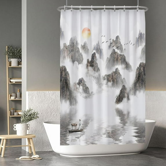 Chinese Ink Painting Shower Curtain Sets Sunrise Sea of Clouds Asian Mountain Landscape Shower Curtains for Bathroom Teahouse Cubicle Fabric Bathroom Decorations with Hooks 36x72 Inches