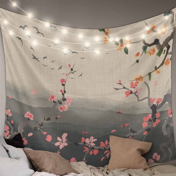 Chinese Ink Painting Small Tapestry for Bedroom Wall Hanging Tapestry, Pink Peach Blossom Branches Ceiling Backdrop Tapestries Poster Blanket Wall Decor for Teens Room Living Room Dorm 23" x 28"