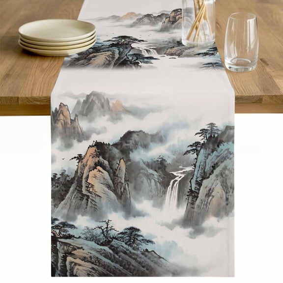 Chinese Ink Painting Table Runner - 36 Inch Long Mountain Cloud Modern Art Cotton and Linen Blended Dress Scarves Farmhouse Table Runner for Kitchen Dining, Coffee Table, 13" x 36"