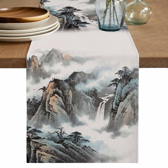 Chinese Ink Painting Table Runner, Mountain Cloud Modern Art Washable Cotton Linen Table Runners 36 Inches Long, Dresser Scarf Runner for Nightstand/End Tables/Round Tables 13''x36''