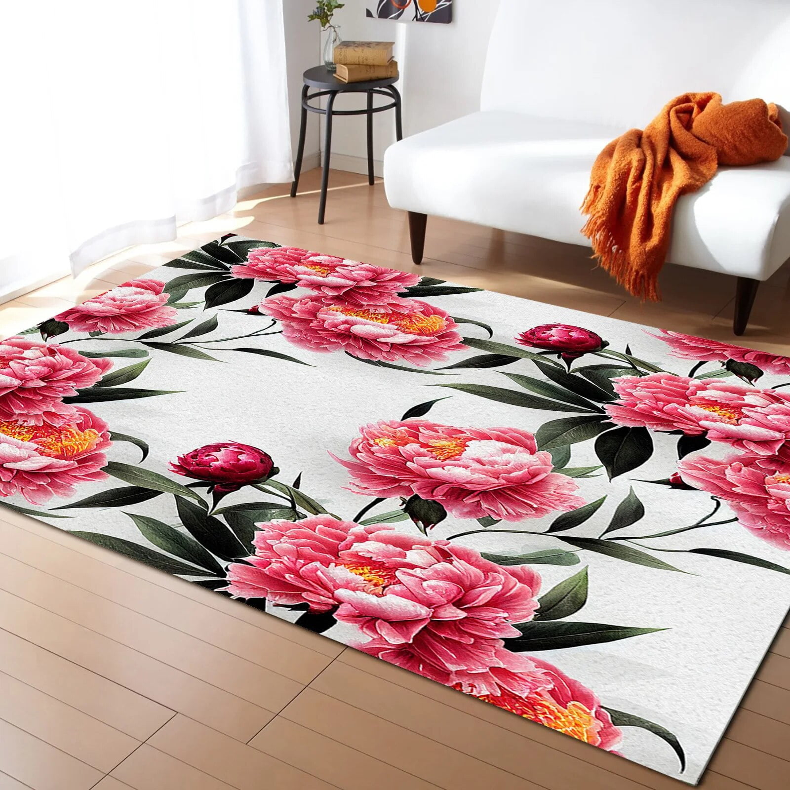 Chinese Ink Painting With Watercolor Peony Flowers Living Room Floor