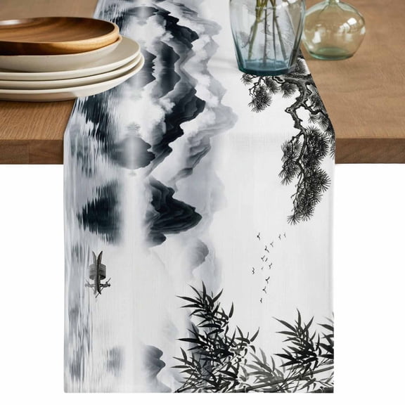 Chinese Ink Table Runner, Art Painting Mountain Lake Landscape Washable Cotton Linen Table Runners 36 Inches Long, Dresser Scarf Runner for Nightstand/End Tables/Round Tables 13''x36''