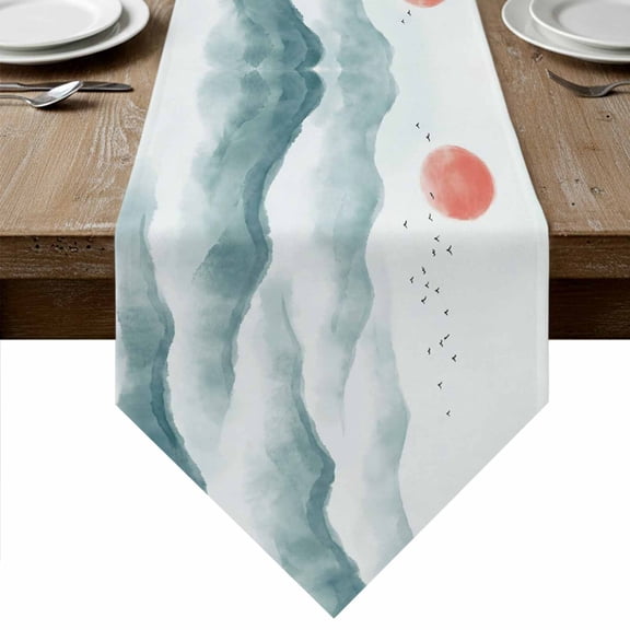 Chinese Ink Table Runner Linen Burlap Table Runner 48 Inches Long Abstract Art Mountain Red Sun Dresser Scarves for Kitchen Island Coffee Dining Room Party Wedding Banquet Holiday Decoration 13"x48"