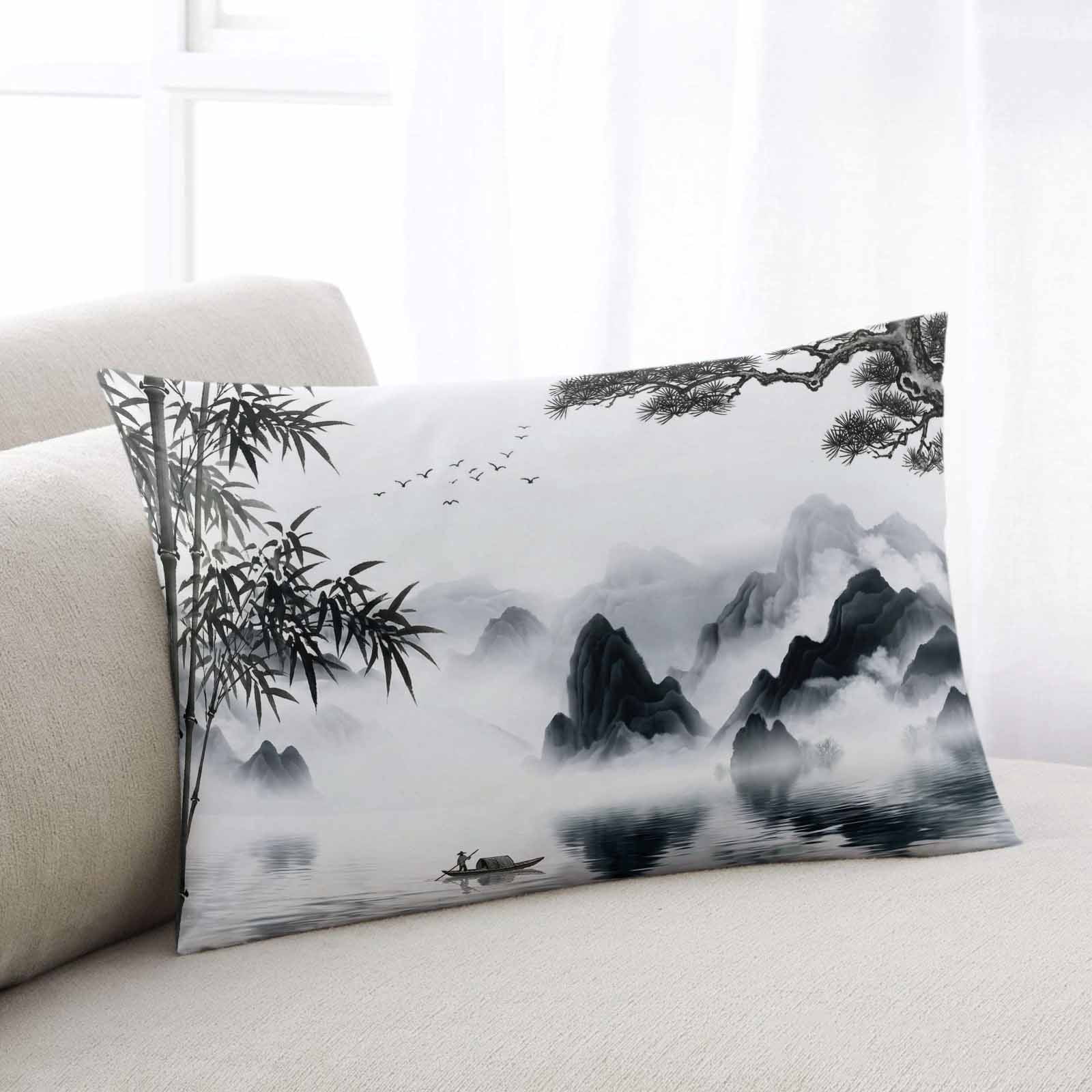 Chinese Ink Throw Pillow Covers, Art Painting Mountain Lake Landscape ...