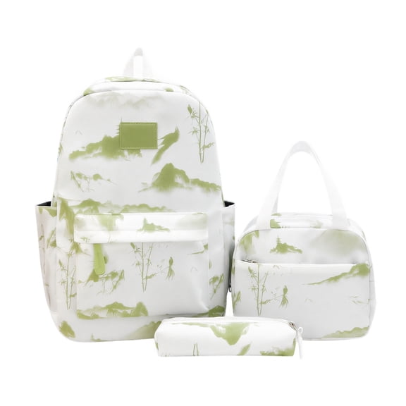 Chinese Ink Wash Bamboo Backpack Set for Women, 4 Piece School Bag with Lunch Box Pencil Case, Lightweight Oxford Cloth Travel Rucksack for College High School Students, Green
