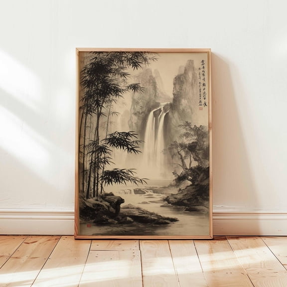 Chinese Ink Waterfall Wall Art Bamboo Forest Landscape Poster Zen Nature Brush Painting Wa