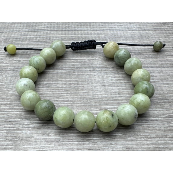 Chinese Jade Gemstone Round Bead Adjustable Bracelet 10mm, Genuine Crystal Bead Bracelet, Gift for Men & Women (Chinese Jade)