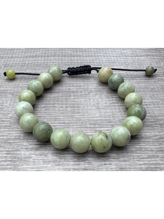 Chinese Jade Gemstone Round Bead Adjustable Bracelet 10mm, Genuine Crystal Bead Bracelet, Gift for Men & Women (Chinese Jade)