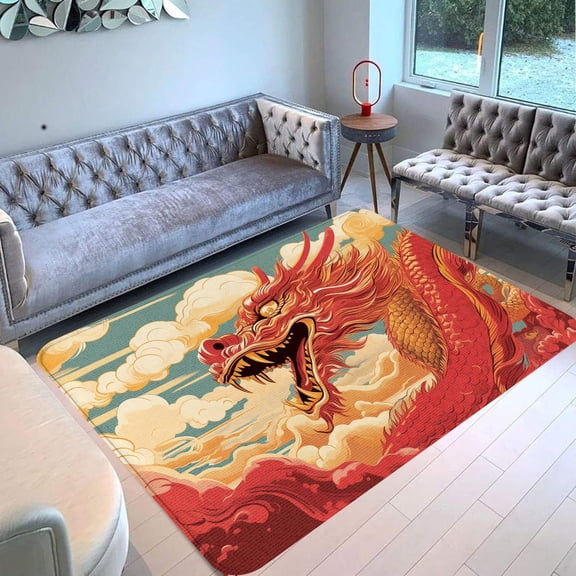 Chinese Japanese Red Dragon Area Rug Rectangle Area Rug, Indoor Floor Carpet for Bedroom & Lounge, Machine Washable, Easy Care, Cozy Aesthetic Home Décor, Soft Plush Touch