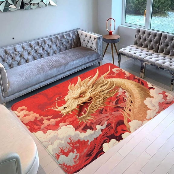 Chinese Japanese Red Dragon Area Rug Rectangle Area Rug, Soft Rug for Entryway & Hallway, Durable, Kid & Pet Friendly, Boho Chic Accent Rug, Colorfast Print, Long‑lasting