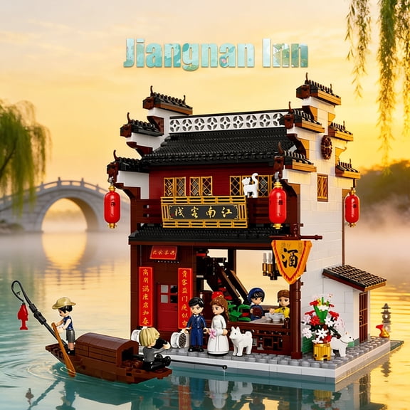 Chinese Jiangnan Water Town Modular Building Blocks, Over 3000 Pieces, Mini Figure Included, Chinese Ancient Architecture Collectible Model Gift for Kids Ages 6+ & Adults