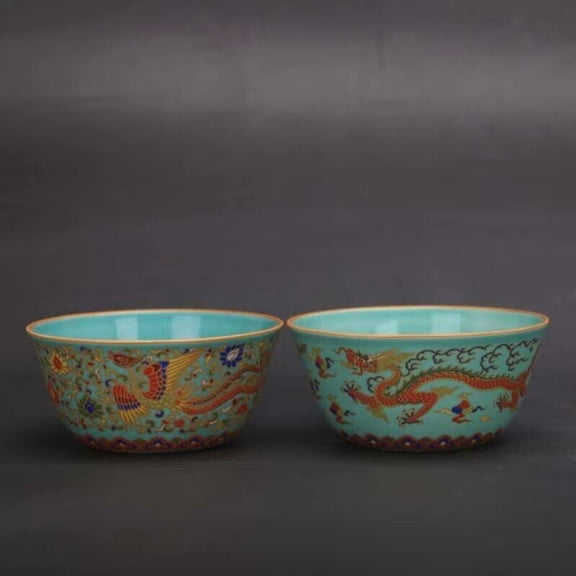 Chinese Jingdezhen Porcelain Doucai Tea Cup : A Pair Dragon and Phoenix