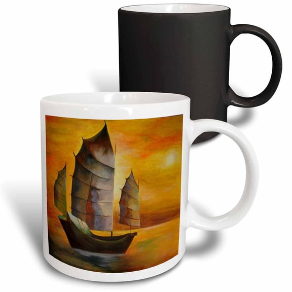 3drose, Chinese Junk - Fishing Boat, Chinese Junk, Yellow, Orange, Green, Boats, Sailing, Impressionism, 11oz Magic Transforming Mug