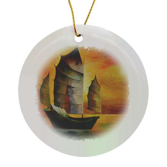 3drose, Chinese Junk - Sail Boat, Acrylic Painting, Sails, Decorative, Seascape, Cubism, Sailors, Nautical, Circle Porcelain Ornament