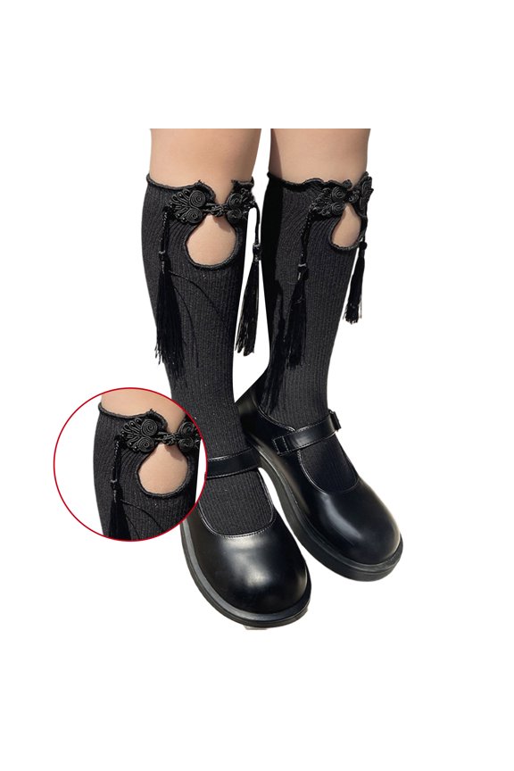 Chinese Knot Trim Socks Spring Stretchy Knee Highs Socks Girl Traditional Dress Socks AntiMosquito Socks Cotton Leg Socks