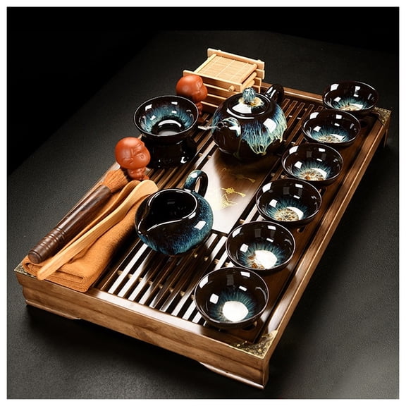 Chinese Kungfu Tea Set, Bamboo Tea Tray Tea Serving Tray With Water Storage Drainage, Gongfu Tea Table With Drawer Gift Set Home Office, Rectangle