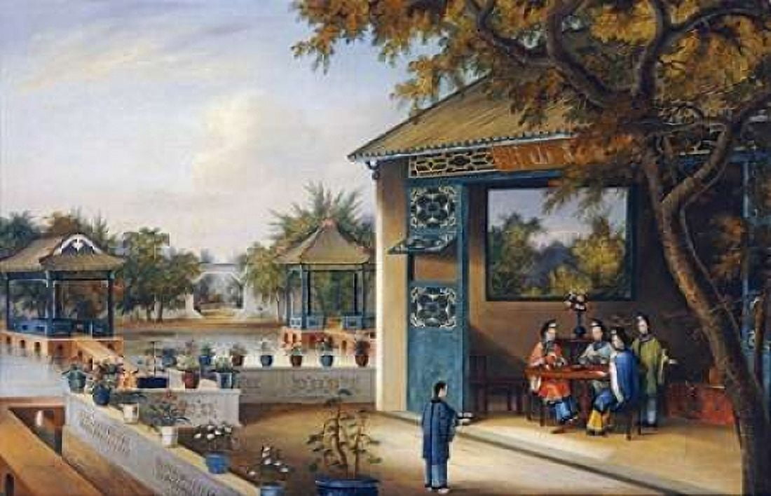 Chinese Ladies Playing Mahjong In The Pavilion of a House Canvas Art - Chinese School (24 x 36)