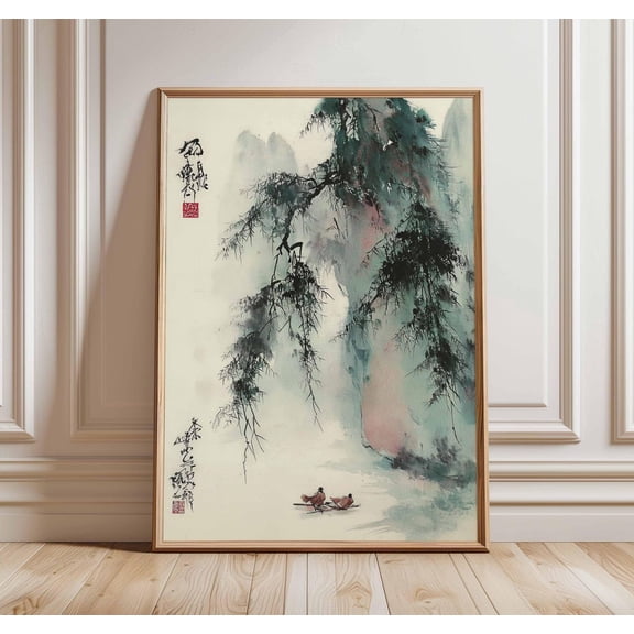 Chinese Landscape Asian Ink Minimalist Zen Misty Mountain River Art, Unframed Paper Poster 8x10in