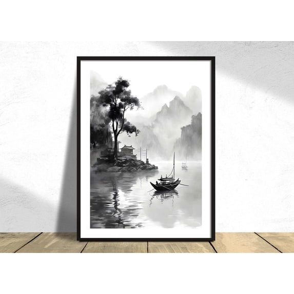 Chinese Landscape Graphic Art Chinese Poster Mountain Art Asia Nature Boat Illustration, Unframed Canvas 12x16in