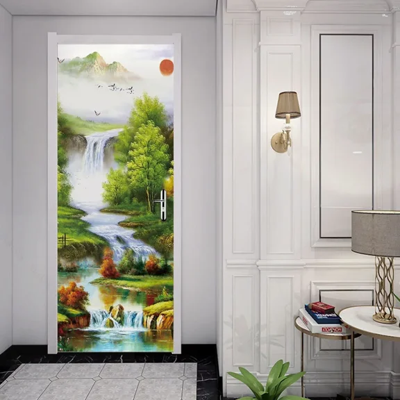 Chinese Landscape Painting Door Stickers Wallpaper Ink Art Doors Murals Removable Mountain Stream M