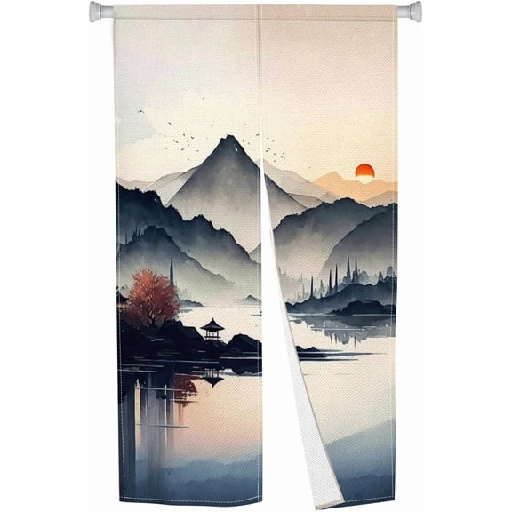 Chinese Landscape Print Doorway Curtain Split Panel Rod Pocket Room Divider for Kitchen Bathroom and Hallway Privacy