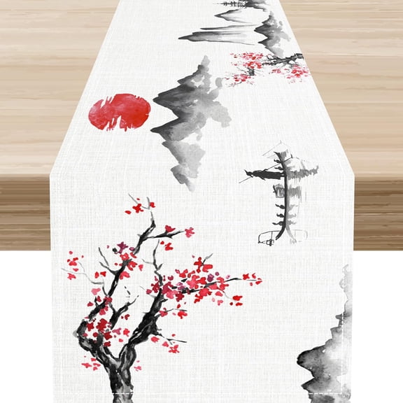 Chinese Landscape Table Runner 13"x72", Traditional Vintage Asian Oriental Line Art Cherry Blossom Nature Table Runners for Kitchen & Dining