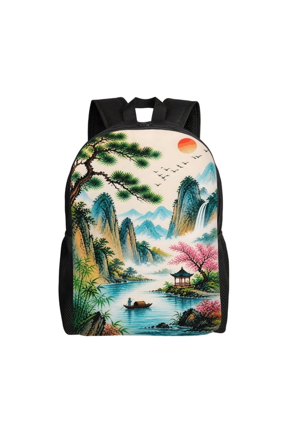 Chinese Landscape Watercolor Backpack Full Front Print Travel Laptop Bag for Men and Women
