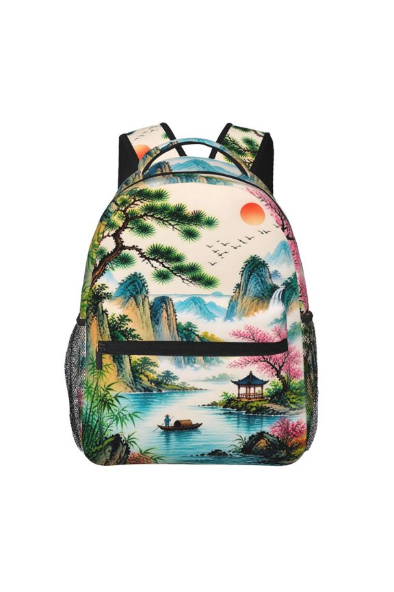 Chinese Landscape Watercolor Backpack Lightweight Travel Bag for Men and Women