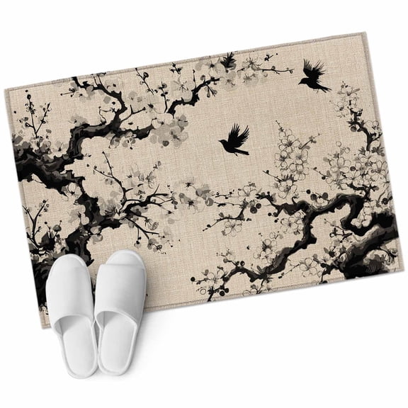 Chinese Large Area Rugs for Bedroom Living Room, Soft Non Slip Carpet Bedside Rug, Black White Tree Flowers Traditional Ink Painting Rectangular Floor Cover Kitchen Accent Rug 2'x3' for Office