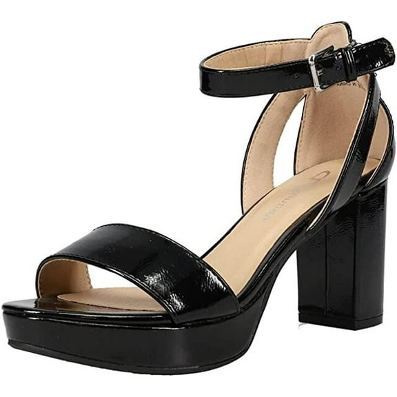 Chinese Laundry Go On Black Patent Ankle Strap Open Toe Block Heeled Sandals (Black Patent New, 5)