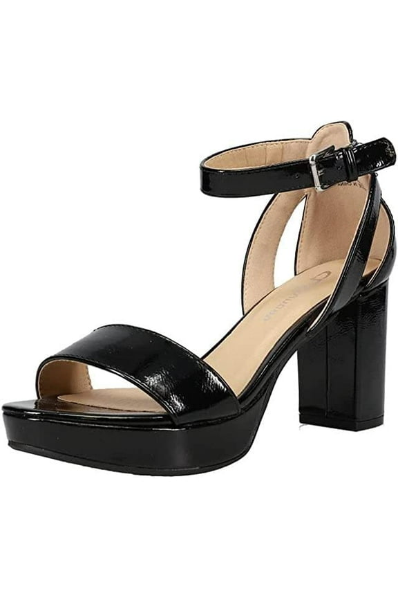 Chinese Laundry Go On Black Patent Ankle Strap Open Toe Block Heeled Sandals (Black Patent New, 7)