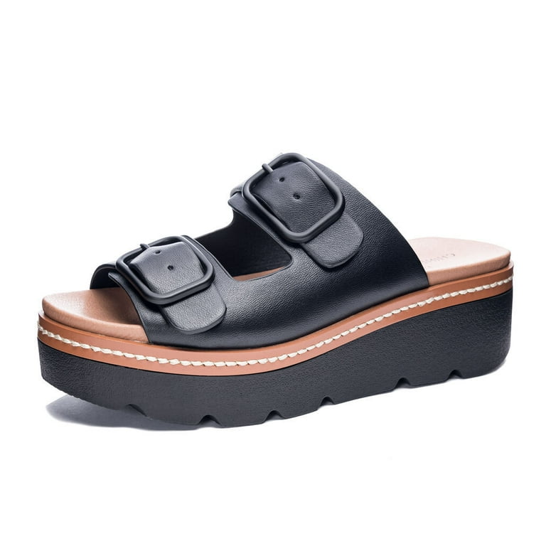 Chinese Laundry Surfs Up Black Slip On Open Toe Platform Wedge Heeled Sandals Black 6.5
