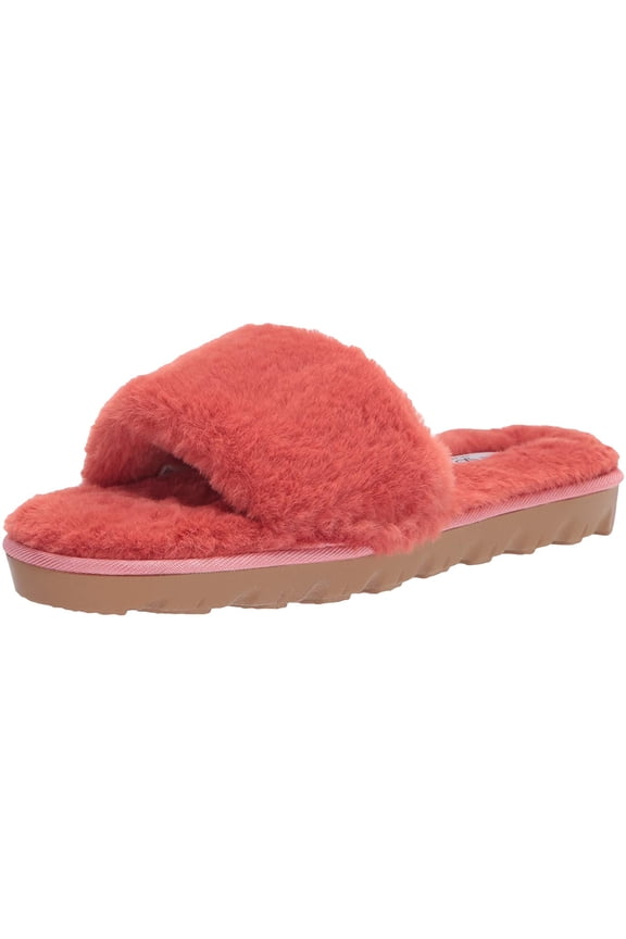 Women's Rally Faux Fur Slide Sandals, Coral,7.5 M US