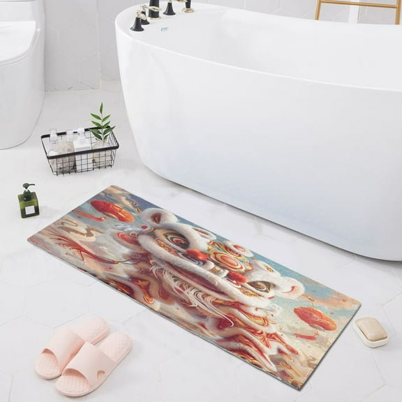 Chinese Lion Dance Bath Mat 39x20 Non-Slip Bathroom Rugs Absorbent Soft Plush Quick Dry for Tub Shower Kitchen Home Decor